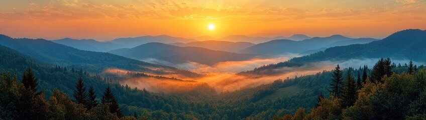 Obraz premium Golden Sunrise Over Misty Mountains: Serenity in Nature