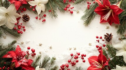 Elegant Christmas Frame with Red and White Flowers, Pine Cones, Berries, and Greenery for Festive Seasonal Decor and Celebration Background