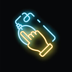Neon sign of a hand clicking a computer mouse with a black background
