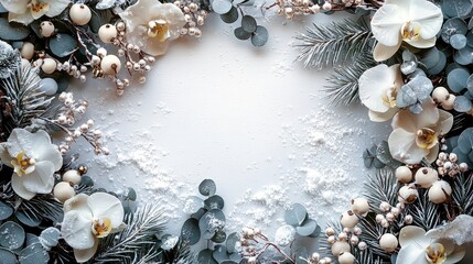 Obraz premium Elegant Christmas Frame with White Flowers and Greenery, Perfect for Holiday Greetings, Invitations, and Festive Decor, Featuring a Touch of Winter Wonderland