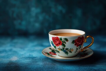 Fototapeta premium Classic teacup and saucer set with red roses and gold accents