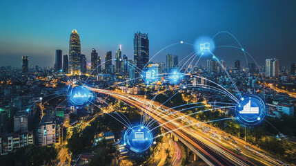 Fototapeta premium Smart digital Innovation city with connection network reciprocity over the cityscape. of future smart wireless digital city and social media networking systems that connects people with in city