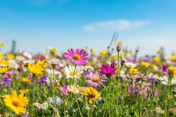 Obraz premium A vibrant field of colorful wildflowers blooming under a clear blue sky on a sunny day