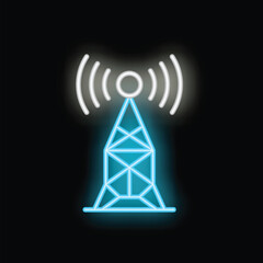 Neon style icon of a radio tower transmitting signals, perfect for projects related to telecommunications, broadcasting, and connectivity