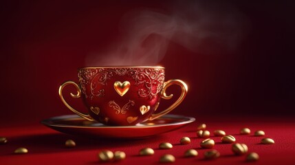 Fototapeta premium Luxurious red teacup setting evokes romance and comfort