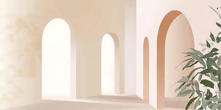 Minimalist interior with arched doorways, sunlight, and plant.