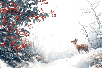 Serene Winter Landscape with a Curious Fawn and Berry-Laden Branches Under Soft Snowfall, Perfect for Holiday and Nature-Themed Designs