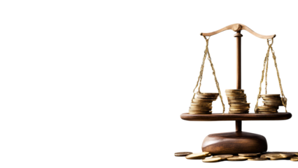 Conceptual Image of Balancing Stacks of Coins on a Wooden Scale with PNG Transparency