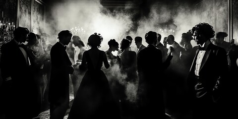 Elegant black and white photo of a 1920s-style party, people in smoky atmosphere, silhouettes, vintage fashion.