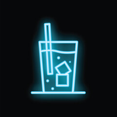 Glowing neon sign showing a glass of water with ice and a straw, perfect for representing refreshment