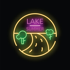 Neon sign showing a winding road leading to a lake in summer, perfect for representing summer vacations