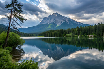 
A mountain is reflected in a lake with trees and mountains in the background