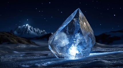 Crystal Formation on Snowy Landscape Under Night Sky with Stars
