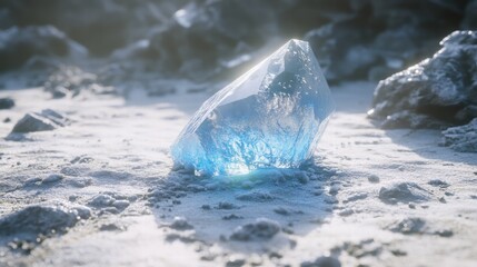 Glimmering Blue Ice Crystal on Snowy Terrain Under Bright Light