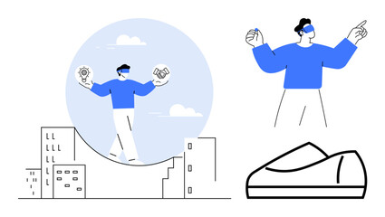 AR glasses-wearing individual standing on cityscape with light bulb and handshake icons. Additional view shows close-up interactions and smart shoe concept. Ideal for technology, innovation, AR