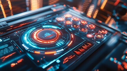 Obraz premium digital product and wealth concept. Futuristic Control Panel Interface with Neon Lighting and Data Visualization Elements for Technology and Sci-Fi Concepts