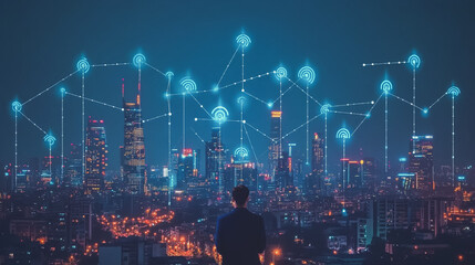 Fototapeta premium Smart digital Innovation city with connection network reciprocity over the cityscape. of future smart wireless digital city and social media networking systems that connects people with in city