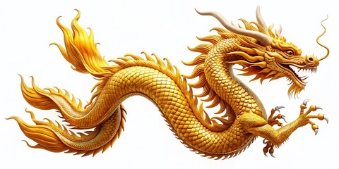 Majestic Golden Dragon, Chinese Mythical Creature, Isolated on White, Clipping Path