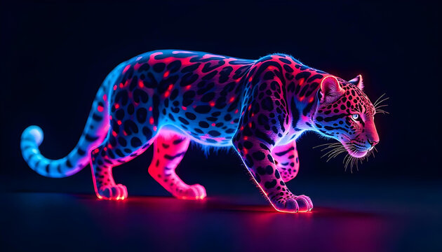 A neon blue and red leopard&nbsp;prowling on a dark background