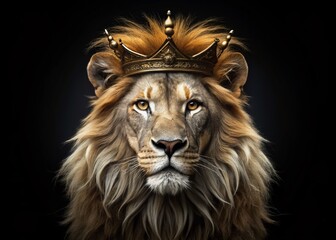 Fototapeta premium Majestic Lion with Crown, Minimalist Black Background Stock Photo