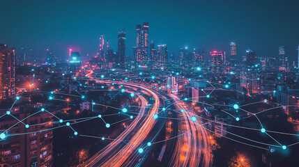 Fototapeta premium Smart digital Innovation city with connection network reciprocity over the cityscape. of future smart wireless digital city and social media networking systems that connects people with in city