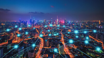 Fototapeta premium Smart digital Innovation city with connection network reciprocity over the cityscape. of future smart wireless digital city and social media networking systems that connects people with in city