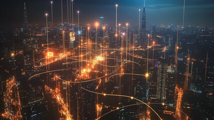 Fototapeta premium Smart digital Innovation city with connection network reciprocity over the cityscape. of future smart wireless digital city and social media networking systems that connects people with in city