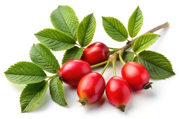 Vibrant red rose hip berries cluster on an isolated branch, a botanical autumn scene against a white backdrop.