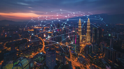 Fototapeta premium Smart digital Innovation city with connection network reciprocity over the cityscape. of future smart wireless digital city and social media networking systems that connects people with in city