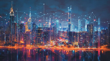 Fototapeta premium Smart digital Innovation city with connection network reciprocity over the cityscape. of future smart wireless digital city and social media networking systems that connects people with in city