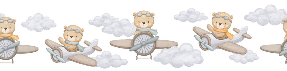 Seamless watercolor border with cute baby bear in neutral colors Bear pilot on airplane, hand drawn illustration on white repeat background © Elena