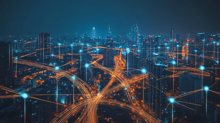 Smart digital Innovation city with connection network reciprocity over the cityscape. of future smart wireless digital city and social media networking systems that connects people with in city