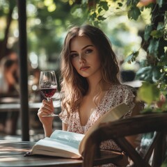 Woman in park cafe with book, wine