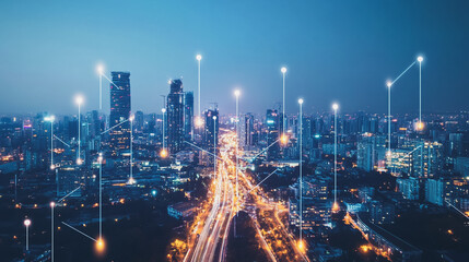Fototapeta premium Smart digital Innovation city with connection network reciprocity over the cityscape. of future smart wireless digital city and social media networking systems that connects people with in city