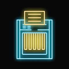 Glowing neon icon of paper shredder destroying document with top secret information