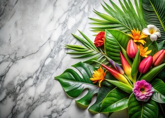 Vibrant tropical blooms arranged on a sleek gray marble backdrop.