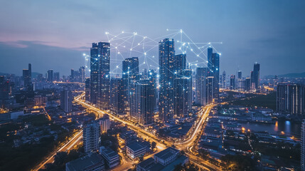 Fototapeta premium Smart digital Innovation city with connection network reciprocity over the cityscape. of future smart wireless digital city and social media networking systems that connects people with in city