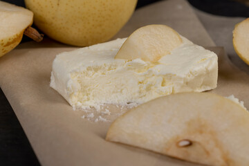 light breakfast of dairy products with pear fruit