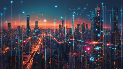 Fototapeta premium Smart digital Innovation city with connection network reciprocity over the cityscape. of future smart wireless digital city and social media networking systems that connects people with in city