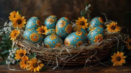 Decorated Easter eggs in a wicker basket with sunflowers.