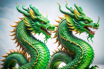 Obraz premium Majestic Twin Green Dragon Statues, Isolated on White Background - Drone Aerial View