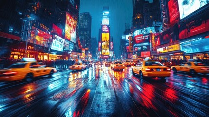 Fototapeta premium Rainy Night in Times Square, NYC: A Vibrant Cityscape