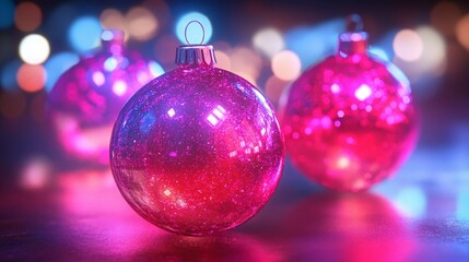 Obraz premium Neon pink and purple glitter glass baubles. A vibrant Christmas and New Year concept. 