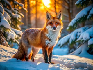 Fototapeta premium Majestic Winter Fox in Snowy Forest - Architectural Photography Style