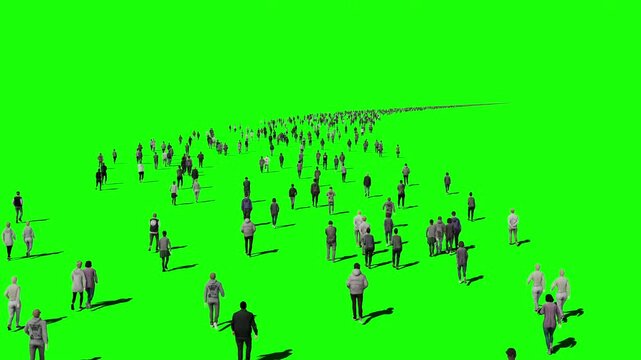 3D animation of a crowd of people walking down the street to visualize the visual effects of the chroma key green screen