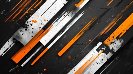 Abstract geometric background with orange and black stripes and splatters