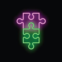 Glowing neon puzzle pieces are connecting to form a larger puzzle piece, symbolizing problem solving and teamwork