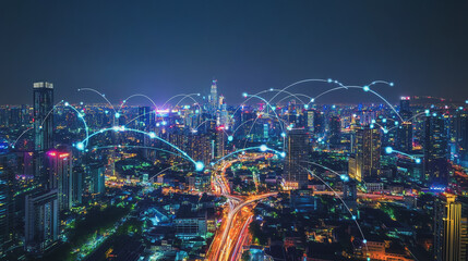 Smart digital Innovation city with connection network reciprocity over the cityscape. of future smart wireless digital city and social media networking systems that connects people with in city
