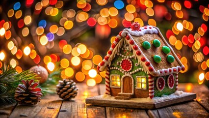 Warm bokeh lights illuminate a charming gingerbread house, capturing winter holiday spirit.