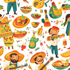 Colorful illustrated patterns featuring Mexican culture, including food, musicians, and traditional attire.